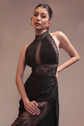 Couture By Niharika Black Crepe, Satin, Net, Chiffon, Lace Halter Ombrelle Blouse With Draped Skirt at Aza Fashions Couture By Niharika_Black Crepe, Satin, Net, Chiffon, Lace Halter Ombrelle Blouse With Draped Skirt _at_Aza_Fashions