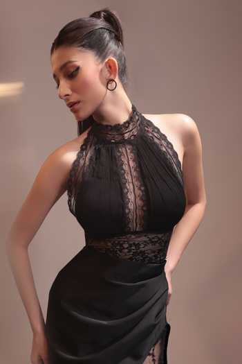 Buy Couture By Niharika Black Crepe, Satin, Net, Chiffon, Lace Halter Ombrelle Blouse With Draped Skirt Buy_Couture By Niharika_Black Crepe, Satin, Net, Chiffon, Lace Halter Ombrelle Blouse With Draped Skirt