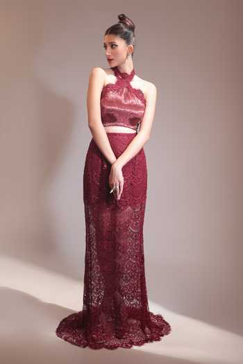 Couture By Niharika Wine Organza, Crepe, Muslin (mulmul), Rubelle Embroidered Blouse And Skirt Set Online at Aza Fashions Couture By Niharika_Wine Organza, Crepe, Muslin (mulmul), Rubelle Embroidered Blouse And Skirt Set _Online_at_Aza_Fashions
