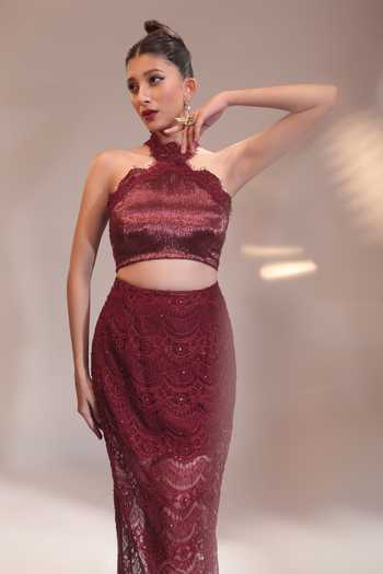 Shop Couture By Niharika Wine Organza, Crepe, Muslin (mulmul), Rubelle Embroidered Blouse And Skirt Set Online at Aza Fashions Shop_Couture By Niharika_Wine Organza, Crepe, Muslin (mulmul), Rubelle Embroidered Blouse And Skirt Set _Online_at_Aza_Fashions