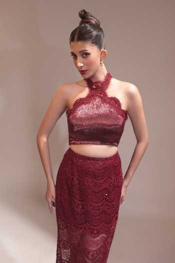 Couture By Niharika Wine Organza, Crepe, Muslin (mulmul), Rubelle Embroidered Blouse And Skirt Set at Aza Fashions Couture By Niharika_Wine Organza, Crepe, Muslin (mulmul), Rubelle Embroidered Blouse And Skirt Set _at_Aza_Fashions