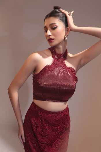 Buy Couture By Niharika Wine Organza, Crepe, Muslin (mulmul), Rubelle Embroidered Blouse And Skirt Set Buy_Couture By Niharika_Wine Organza, Crepe, Muslin (mulmul), Rubelle Embroidered Blouse And Skirt Set