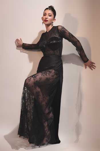 Couture By Niharika Black Organza, Crepe, Satin, Net, Twill Embroidery, Noire Bodysuit And Skirt Set at Aza Fashions Couture By Niharika_Black Organza, Crepe, Satin, Net, Twill Embroidery, Noire Bodysuit And Skirt Set _at_Aza_Fashions