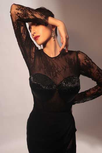 Buy Couture By Niharika Black Organza, Crepe, Satin, Net, Twill Embroidery, Noire Bodysuit And Skirt Set Buy_Couture By Niharika_Black Organza, Crepe, Satin, Net, Twill Embroidery, Noire Bodysuit And Skirt Set