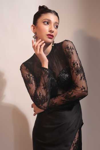 Shop Couture By Niharika Black Organza, Crepe, Satin, Net, Twill Embroidery, Noire Bodysuit And Skirt Set Shop_Couture By Niharika_Black Organza, Crepe, Satin, Net, Twill Embroidery, Noire Bodysuit And Skirt Set