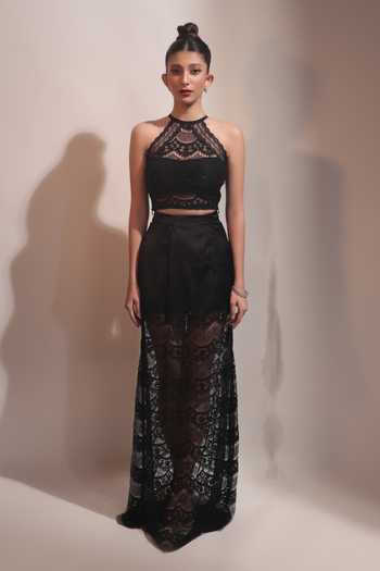Couture By Niharika Black Crepe, Satin, Net, Twill Halter Selene Hand Embroidered Top And Skirt Set Online at Aza Fashions Couture By Niharika_Black Crepe, Satin, Net, Twill Halter Selene Hand Embroidered Top And Skirt Set _Online_at_Aza_Fashions