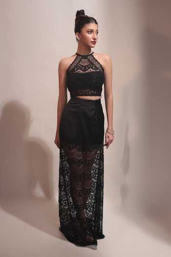 Shop Couture By Niharika Black Crepe, Satin, Net, Twill Halter Selene Hand Embroidered Top And Skirt Set Online at Aza Fashions Shop_Couture By Niharika_Black Crepe, Satin, Net, Twill Halter Selene Hand Embroidered Top And Skirt Set _Online_at_Aza_Fashions