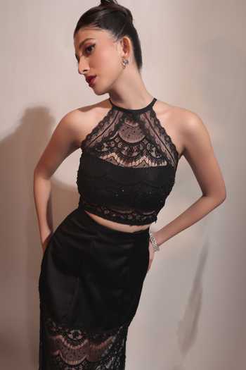 Couture By Niharika Black Crepe, Satin, Net, Twill Halter Selene Hand Embroidered Top And Skirt Set at Aza Fashions Couture By Niharika_Black Crepe, Satin, Net, Twill Halter Selene Hand Embroidered Top And Skirt Set _at_Aza_Fashions