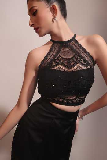 Buy Couture By Niharika Black Crepe, Satin, Net, Twill Halter Selene Hand Embroidered Top And Skirt Set Buy_Couture By Niharika_Black Crepe, Satin, Net, Twill Halter Selene Hand Embroidered Top And Skirt Set