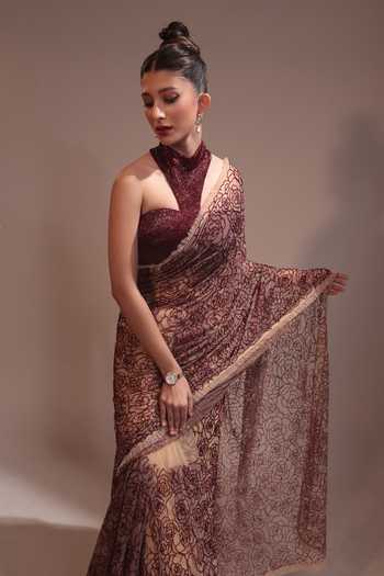 Shop Couture By Niharika Red Organza, Crepe, Net, Muslin Halter Camellia Embroidered Saree With Blouse Online at Aza Fashions Shop_Couture By Niharika_Red Organza, Crepe, Net, Muslin Halter Camellia Embroidered Saree With Blouse _Online_at_Aza_Fashions