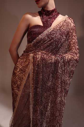 Couture By Niharika Red Organza, Crepe, Net, Muslin Halter Camellia Embroidered Saree With Blouse at Aza Fashions Couture By Niharika_Red Organza, Crepe, Net, Muslin Halter Camellia Embroidered Saree With Blouse _at_Aza_Fashions