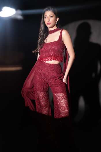 Buy Couture By Niharika Maroon Organza, Crepe, Chiffon, Muslin Square Fiamma Hand Embroidered Pant Set Online at Aza Fashions Buy_Couture By Niharika_Maroon Organza, Crepe, Chiffon, Muslin Square Fiamma Hand Embroidered Pant Set _Online_at_Aza_Fashions
