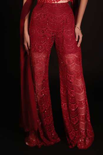 Couture By Niharika Maroon Organza, Crepe, Chiffon, Muslin Square Fiamma Hand Embroidered Pant Set at Aza Fashions Couture By Niharika_Maroon Organza, Crepe, Chiffon, Muslin Square Fiamma Hand Embroidered Pant Set _at_Aza_Fashions
