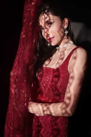 Shop Couture By Niharika Maroon Organza, Crepe, Chiffon, Muslin Square Fiamma Hand Embroidered Pant Set Shop_Couture By Niharika_Maroon Organza, Crepe, Chiffon, Muslin Square Fiamma Hand Embroidered Pant Set