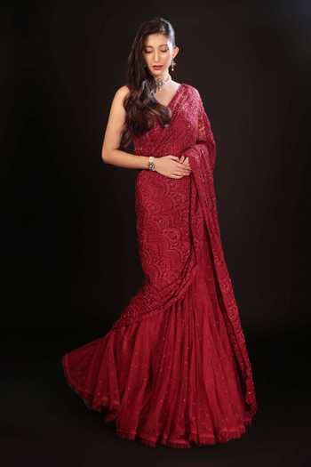 Buy Couture By Niharika Red Organza, Crepe, Net V-neck Rosave Lehenga Saree With Embroidered Blouse Online at Aza Fashions Buy_Couture By Niharika_Red Organza, Crepe, Net V-neck Rosave Lehenga Saree With Embroidered Blouse _Online_at_Aza_Fashions