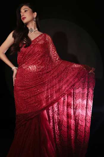 Couture By Niharika Red Organza, Crepe, Net V-neck Rosave Lehenga Saree With Embroidered Blouse at Aza Fashions Couture By Niharika_Red Organza, Crepe, Net V-neck Rosave Lehenga Saree With Embroidered Blouse _at_Aza_Fashions