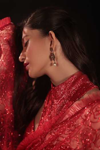 Shop Couture By Niharika Red Organza, Crepe, Net Halter Neck Solenne Embroidered Saree With Blouse Online at Aza Fashions Shop_Couture By Niharika_Red Organza, Crepe, Net Halter Neck Solenne Embroidered Saree With Blouse _Online_at_Aza_Fashions