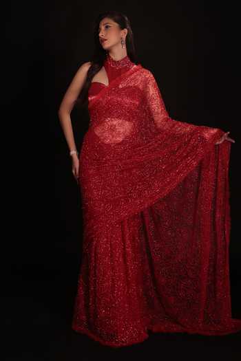 Couture By Niharika Red Organza, Crepe, Net Halter Neck Solenne Embroidered Saree With Blouse at Aza Fashions Couture By Niharika_Red Organza, Crepe, Net Halter Neck Solenne Embroidered Saree With Blouse _at_Aza_Fashions