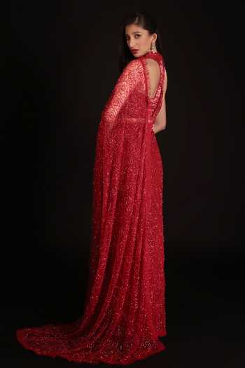 Buy Couture By Niharika Red Organza, Crepe, Net Halter Neck Solenne Embroidered Saree With Blouse Buy_Couture By Niharika_Red Organza, Crepe, Net Halter Neck Solenne Embroidered Saree With Blouse