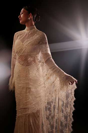 Buy Couture By Niharika Ivory Organza, Crepe, Net Choker Lunara Hand Embroidered Pre-draped Saree Set Online at Aza Fashions Buy_Couture By Niharika_Ivory Organza, Crepe, Net Choker Lunara Hand Embroidered Pre-draped Saree Set _Online_at_Aza_Fashions
