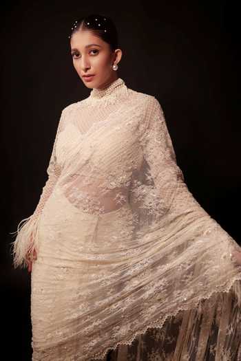 Shop Couture By Niharika Ivory Organza, Crepe, Net Choker Lunara Hand Embroidered Pre-draped Saree Set Online at Aza Fashions Shop_Couture By Niharika_Ivory Organza, Crepe, Net Choker Lunara Hand Embroidered Pre-draped Saree Set _Online_at_Aza_Fashions