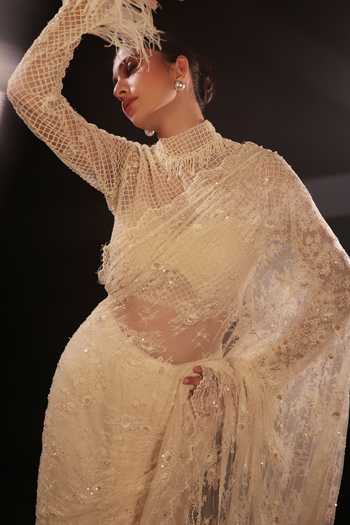 Shop Couture By Niharika Ivory Organza, Crepe, Net Choker Lunara Hand Embroidered Pre-draped Saree Set Shop_Couture By Niharika_Ivory Organza, Crepe, Net Choker Lunara Hand Embroidered Pre-draped Saree Set