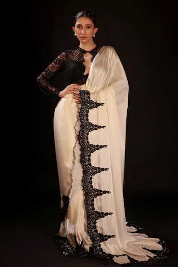 Buy Couture By Niharika Ivory Organza, Crepe, Satin, Net Vantelle Pre-draped Saree With Scalloped Blouse Online at Aza Fashions Buy_Couture By Niharika_Ivory Organza, Crepe, Satin, Net Vantelle Pre-draped Saree With Scalloped Blouse _Online_at_Aza_Fashions