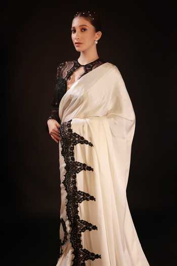Shop Couture By Niharika Ivory Organza, Crepe, Satin, Net Vantelle Pre-draped Saree With Scalloped Blouse Online at Aza Fashions Shop_Couture By Niharika_Ivory Organza, Crepe, Satin, Net Vantelle Pre-draped Saree With Scalloped Blouse _Online_at_Aza_Fashions