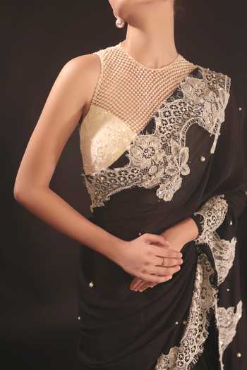 Shop Couture By Niharika Black Organza, Crepe, Net, Chiffon Sweetheart Cordelle Saree With Mesh Blouse Online at Aza Fashions Shop_Couture By Niharika_Black Organza, Crepe, Net, Chiffon Sweetheart Cordelle Saree With Mesh Blouse _Online_at_Aza_Fashions