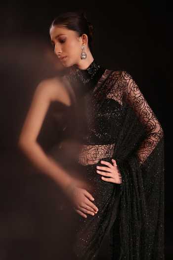 Buy Couture By Niharika Black Organza, Crepe, Net, Muslin Halter Velune Embroidered Saree With Blouse Online at Aza Fashions Buy_Couture By Niharika_Black Organza, Crepe, Net, Muslin Halter Velune Embroidered Saree With Blouse _Online_at_Aza_Fashions