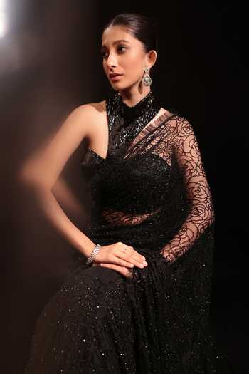 Shop Couture By Niharika Black Organza, Crepe, Net, Muslin Halter Velune Embroidered Saree With Blouse Online at Aza Fashions Shop_Couture By Niharika_Black Organza, Crepe, Net, Muslin Halter Velune Embroidered Saree With Blouse _Online_at_Aza_Fashions