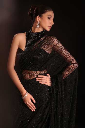 Couture By Niharika Black Organza, Crepe, Net, Muslin Halter Velune Embroidered Saree With Blouse at Aza Fashions Couture By Niharika_Black Organza, Crepe, Net, Muslin Halter Velune Embroidered Saree With Blouse _at_Aza_Fashions