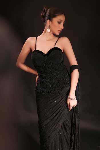 Buy Couture By Niharika Black Organza, Crepe, Net Beads, Pearls Elara Pre-draped Saree With Corset Online at Aza Fashions Buy_Couture By Niharika_Black Organza, Crepe, Net Beads, Pearls Elara Pre-draped Saree With Corset _Online_at_Aza_Fashions