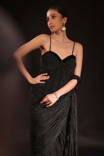 Shop Couture By Niharika Black Organza, Crepe, Net Beads, Pearls Elara Pre-draped Saree With Corset Online at Aza Fashions Shop_Couture By Niharika_Black Organza, Crepe, Net Beads, Pearls Elara Pre-draped Saree With Corset _Online_at_Aza_Fashions