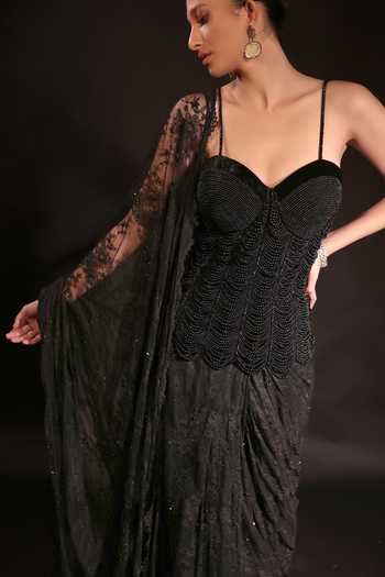 Shop Couture By Niharika Black Organza, Crepe, Net Beads, Pearls Elara Pre-draped Saree With Corset Shop_Couture By Niharika_Black Organza, Crepe, Net Beads, Pearls Elara Pre-draped Saree With Corset