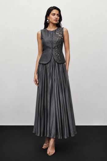 Vridhi Somaani Grey Denim Round Neck Audrey Flamingo Waistcoat And Skirt Set Online at Aza Fashions Vridhi Somaani_Grey Denim Round Neck Audrey Flamingo Waistcoat And Skirt Set _Online_at_Aza_Fashions