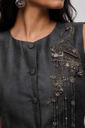Buy Vridhi Somaani Grey Denim Round Neck Audrey Flamingo Waistcoat And Skirt Set Online at Aza Fashions Buy_Vridhi Somaani_Grey Denim Round Neck Audrey Flamingo Waistcoat And Skirt Set _Online_at_Aza_Fashions