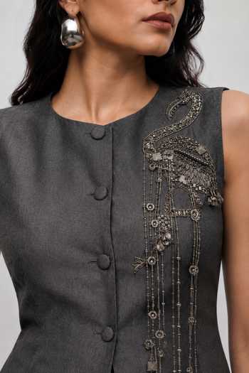 Shop Vridhi Somaani Grey Denim Round Neck Audrey Flamingo Waistcoat And Skirt Set Online at Aza Fashions Shop_Vridhi Somaani_Grey Denim Round Neck Audrey Flamingo Waistcoat And Skirt Set _Online_at_Aza_Fashions