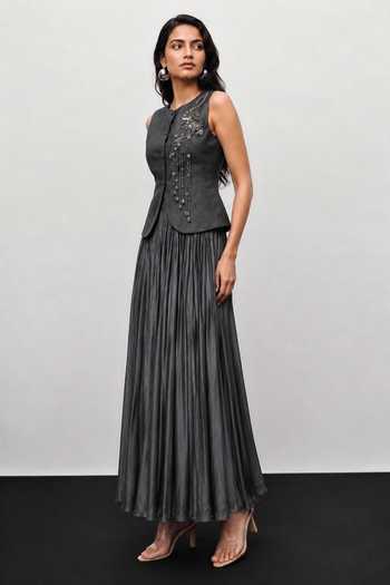 Vridhi Somaani Audrey Flamingo Denim Waistcoat & Skirt Set 