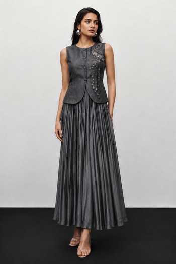 Vridhi Somaani Audrey Flamingo Denim Waistcoat & Skirt Set 