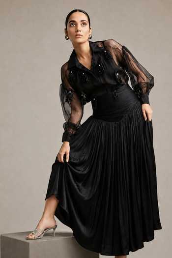 Vridhi Somaani_Black Organza, Georgette, Satin Collared Neck Alexis Shirt And Ruched Skirt Set _Online_at_Aza_Fashions