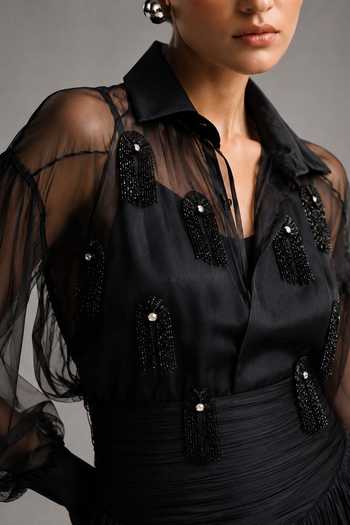 Buy_Vridhi Somaani_Black Organza, Georgette, Satin Collared Neck Alexis Shirt And Ruched Skirt Set _Online_at_Aza_Fashions