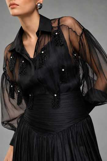 Shop_Vridhi Somaani_Black Organza, Georgette, Satin Collared Neck Alexis Shirt And Ruched Skirt Set _Online_at_Aza_Fashions