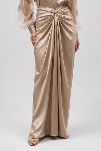 Vridhi Somaani_Brown Organza, Satin Collared Neck Clair Embroidered Sleeve Shirt And Skirt Set _Online_at_Aza_Fashions