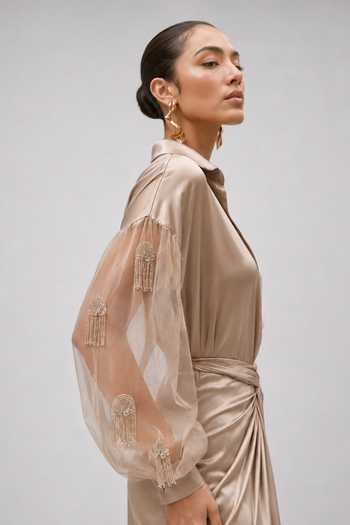 Buy_Vridhi Somaani_Brown Organza, Satin Collared Neck Clair Embroidered Sleeve Shirt And Skirt Set _Online_at_Aza_Fashions