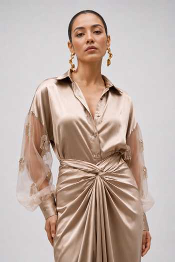 Shop_Vridhi Somaani_Brown Organza, Satin Collared Neck Clair Embroidered Sleeve Shirt And Skirt Set _Online_at_Aza_Fashions