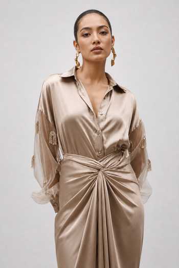 Vridhi Somaani_Brown Organza, Satin Collared Neck Clair Embroidered Sleeve Shirt And Skirt Set _at_Aza_Fashions