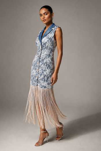 Vridhi Somaani_Blue Denim, Lace, Chantilly V-, Collared Jane Dress _Online_at_Aza_Fashions