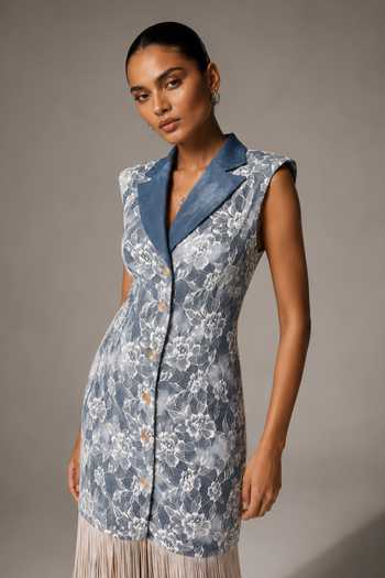 Buy_Vridhi Somaani_Blue Denim, Lace, Chantilly V-, Collared Jane Dress _Online_at_Aza_Fashions