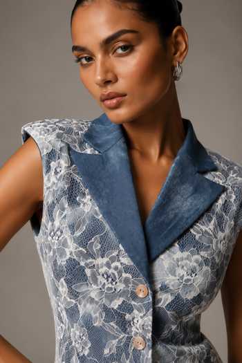 Shop_Vridhi Somaani_Blue Denim, Lace, Chantilly V-, Collared Jane Dress _Online_at_Aza_Fashions